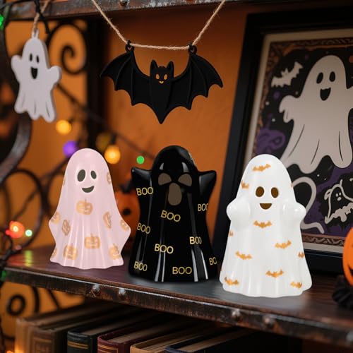 Ceramic Halloween Ghost Decorations Set of 3 with Witch Hats Lighted Indoor Decor