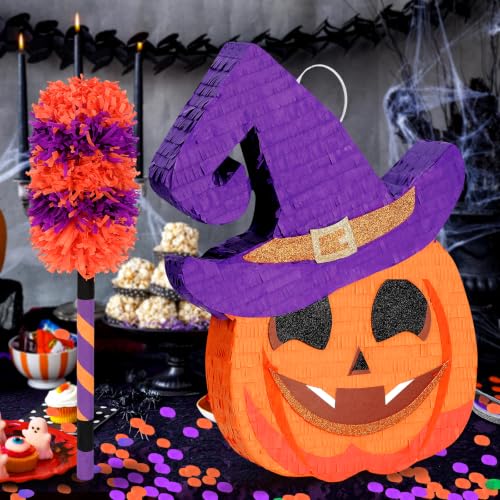 Funny Pumpkin Halloween Piñata with Witch Hat - Large 20 Inch Party Game Set