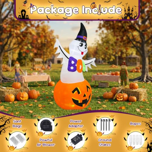 Halloween Inflatable Ghost Pumpkin with Witch Hat & Boo Sign - 6 FT - Kid-Friendly Yard Decor - Variation: Ghost Pumpkin