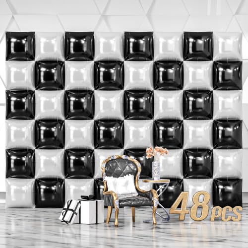 Black and Pearl White Square Foil Balloons Wall Backdrop - D03 - 48PCS