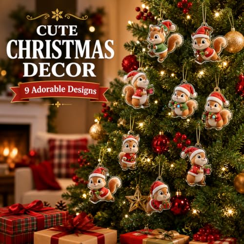 Squirrel Christmas Hanging Ornaments 9pcs Cartoon Acrylic Holiday Decorations - Variation Squirrel-A-1227