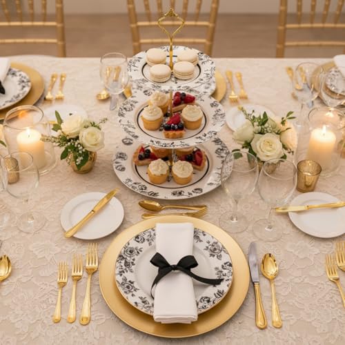 Chinoiserie Black 3-Tier Floral Ceramic Cake Stand - Wedding & Party Decor