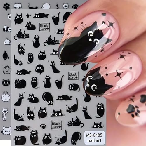 Halloween Black Cat Nail Art Stickers 3D Self-Adhesive Decals for DIY Manicure