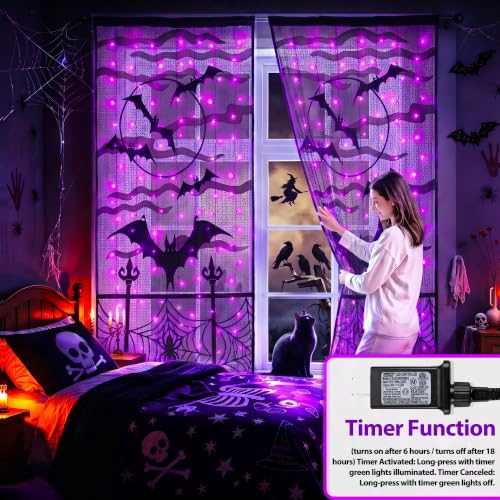 Halloween Door Cover Lights - Purple Bat Design, 6.5x3.2ft with 140 LEDs & 8 Lighting Modes
