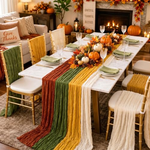 4 Pack Fall Boho Cheesecloth Table Runners - Autumn Party Decor Variation of Boho