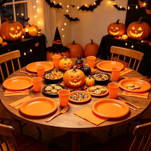 Disposable Orange Plastic Party Plates Set - 50 Count for Thanksgiving Halloween