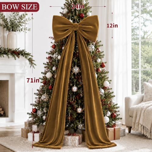 Large Velvet Christmas Tree Topper Bow - 24 Inch Wide Holiday Decor with Variation Light Brown