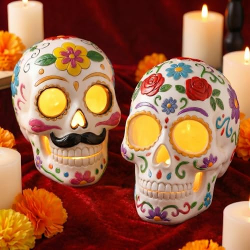 Day of The Dead Sugar Skull Decorations Set - Light Up Resin Skeleton Figures with Floral Details - Variation of THIS Listing