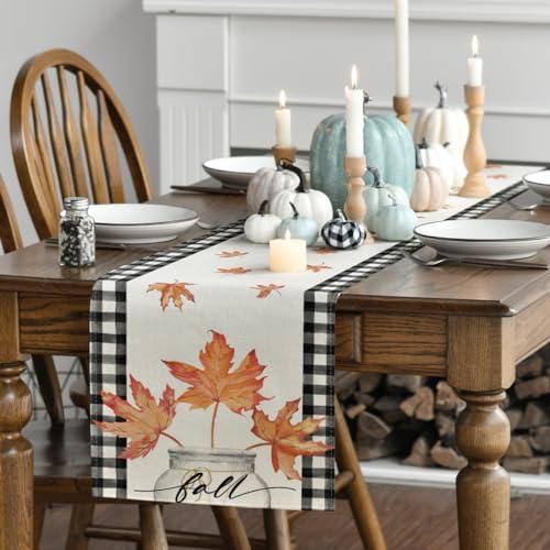 13x90 Inch Buffalo Plaid Fall Table Runner - Beige, Autumn Home Decor