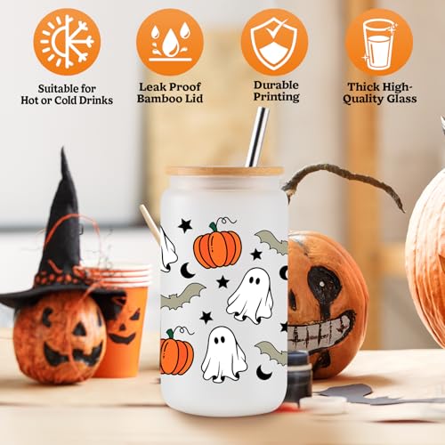 Halloween Pumpkin Ghost 16Oz Iced Coffee Glass Cups with Lids & Straws - Fall Spooky Gift Set