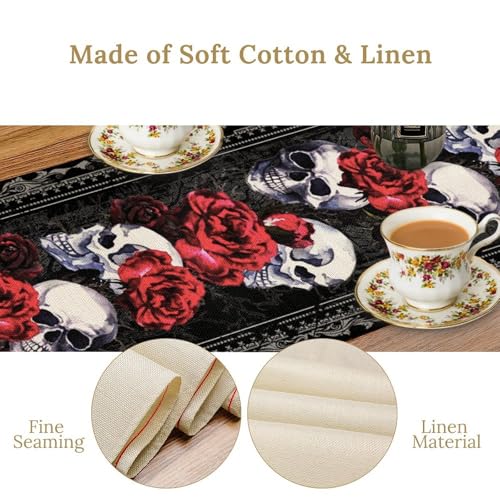 Gothic Table Runner - Retro Black Witchy Skull & Red Rose Design, 13x108 - Variation 3