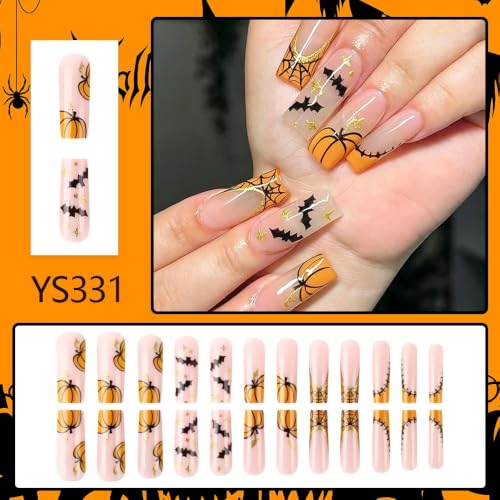 Halloween Long Square Press On Nails with Pumpkin, Bat & Web Designs - Variation Color42