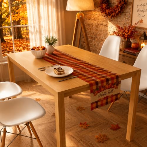 Fall Pumpkin Plaid Table Runner - Hello Fall Thanksgiving Decor - OHOME Variation