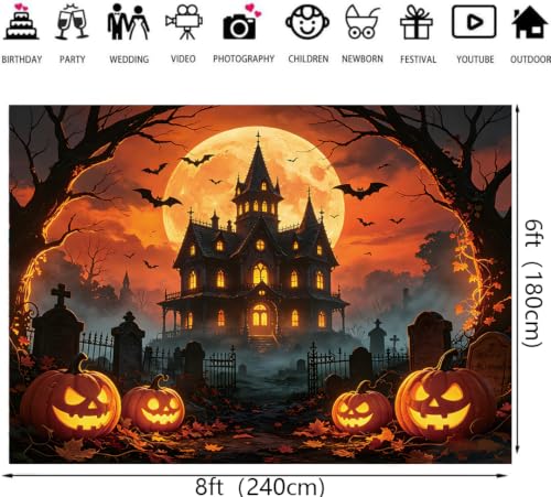 Orange Full Moon Halloween Backdrop 8x6ft for Party Decorations