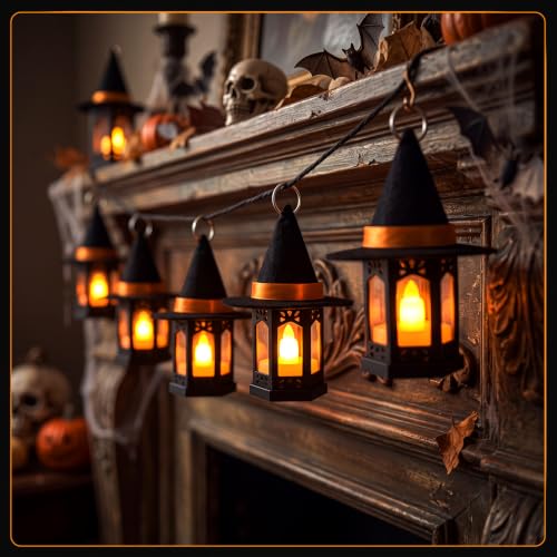 Halloween Mini Lantern and Witch Hat Set with Flickering LED Candles - 16 Pieces