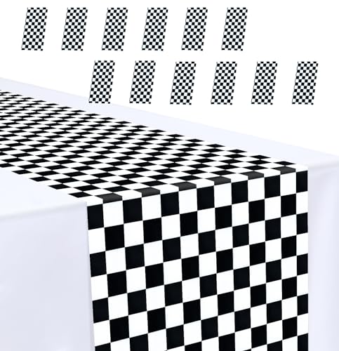 Black and White Checkered Disposable Plastic Table Runners - 12 Pcs