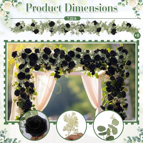 Artificial Rose Garland Set with Eucalyptus - Black Seeded Eucalyptus - 8 Pack 6.56ft Wedding & Party Decor