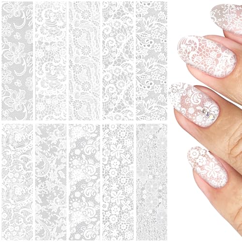 White Lace Nail Transfer Foil Sheets for DIY Manicure - 10 Pack
