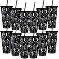 Skeleton Plastic Cups with Lids & Straws - Black Halloween Party Bulk 24 oz Variation of Skeleton / Black