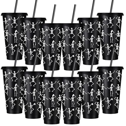 Skeleton Plastic Cups with Lids & Straws - Black Halloween Party Bulk 24 oz Variation of Skeleton / Black