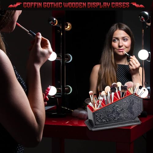 Gothic Coffin Makeup Brush Holder - Red 2 - Spooky Bat Cosmetic Display