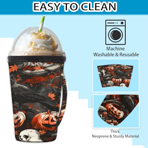 Halloween Crow Reusable Coffee Cup Sleeve for 30-32oz Cold Drinks - Black+Pink - U-Halloween Crow / L