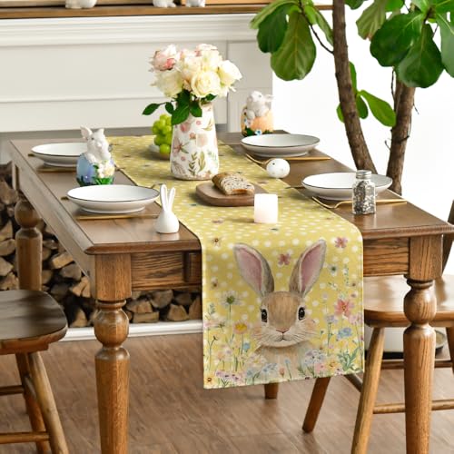 Yellow Bunny Rabbit Floral Polka Dot Easter Table Runner 13x90 Inch - Spring Kitchen Decor