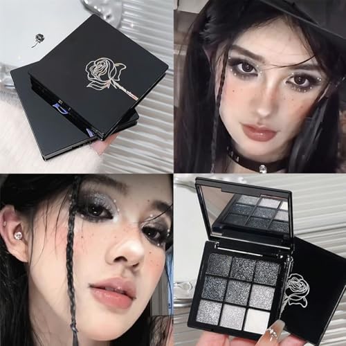 9 Colors Glitter Eyeshadow Palette - Black Silver Grey Smokey Eye Makeup - Variation #Black Silver