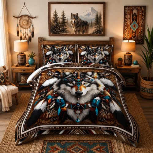 Wolf Twin Comforter Bedding Set with Pillowcases - Brown, Animal Decor