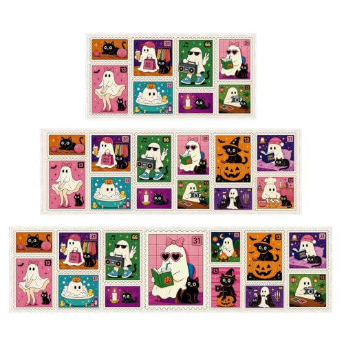 Halloween Kitchen Rug Set of 3 with Ghost and Pumpkin Stamp - Fall Indoor Decor