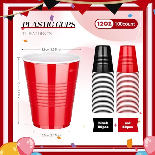 Disposable Plastic Party Cups 12 oz Set - Black and Red, 100 Pack Variation of Black/Red/100