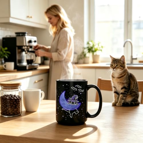 Halloween Cat Mug 15oz Black Ceramic Coffee Cup - Wizard Cat Variation
