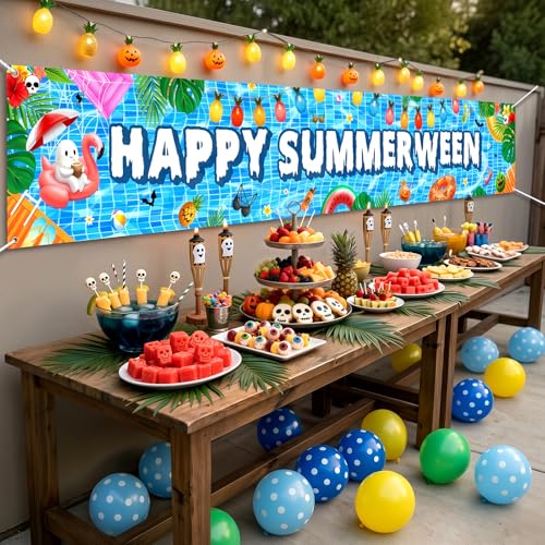 Summerween Pool Party Banner with Balloons - Outdoor Indoor Halloween & Summer Decor
