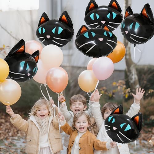 Black Cat Foil Balloon Pack - Halloween Party Decorations, Reusable Kids Balloon Set