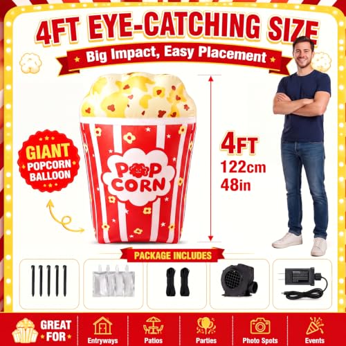 Popcorn Inflatable Carnival Decor - 4 FT Halloween Yard & Party Display - Leyndo