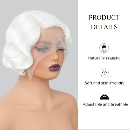 Salaibs White Finger Wave Lace Front Wig for Women Short White Curly Wig Synthetic 1920s Halloween Cosplay Costume Party with Wig Cap