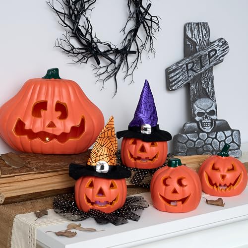 Halloween Pumpkin Decorations Set - Light-Up Plastic Jack O' Lanterns for Indoor Outdoor Display