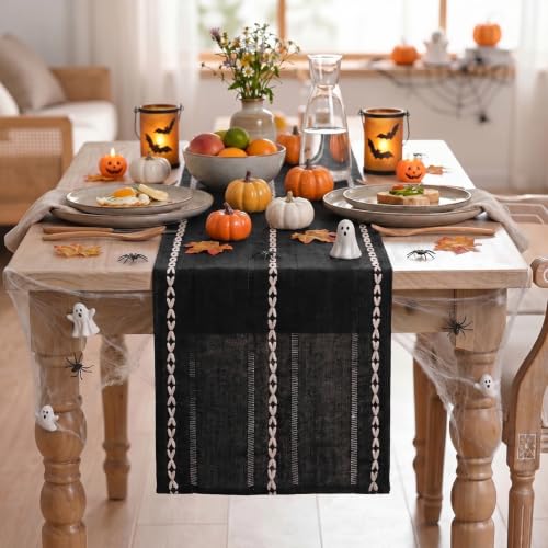 Black Rustic Cotton Linen Table Runner 13x36 Inch Halloween Decor