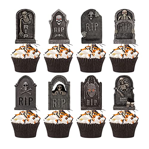 Halloween Tombstone Cupcake Toppers - 24 Pcs Scary Cake Decorations for Party