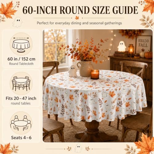 Fall Round Tablecloth 60 Inch Maple Leaves Ghost Autumn Table Cover Brown