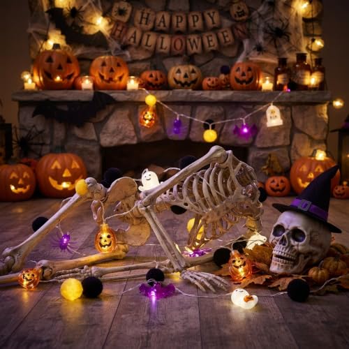 2PCS Halloween Pumpkin String Lights - Battery Operated 10FT with Ghosts Bats Spiders