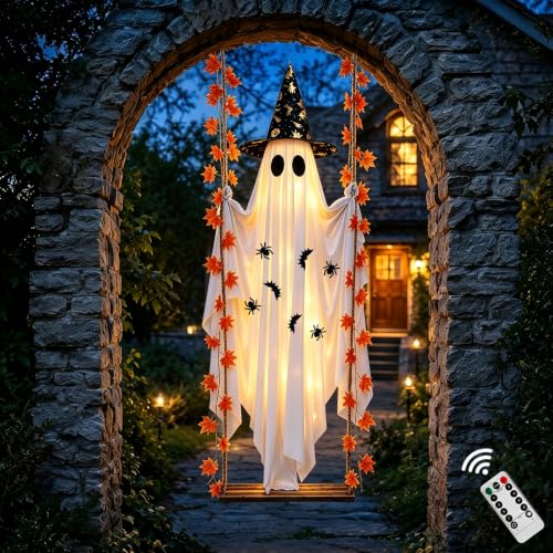 Halloween Outdoor Ghost Swing Decoration with LED Lights & Witch Hat - 5.4FT