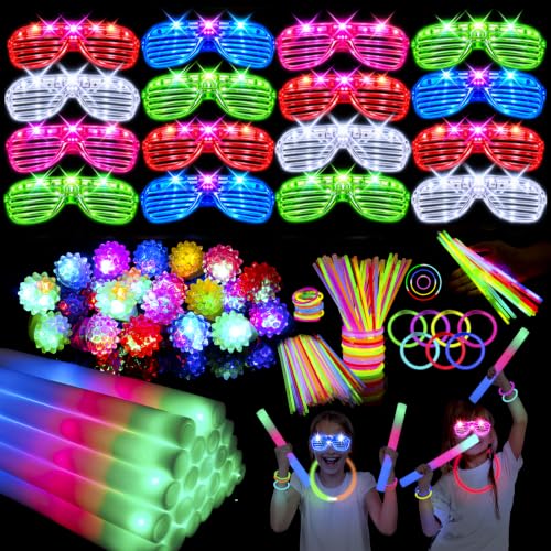 Glow in the Dark Party Supplies Set - 278 Pieces Neon Glow Stick Pack with LED Glasses & Finger Lights - Perfect for Weddings, Camping, and Celebrations