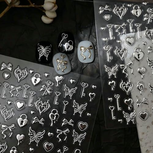 Halloween Nail Stickers 3D Red Spider Web Bat Love Design - Horizontal & Silver Variation