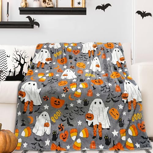 Halloween Ghost Throw Blanket - Boo-Cute Ghost on Gray, Cozy Plush 50 x 60 Inches