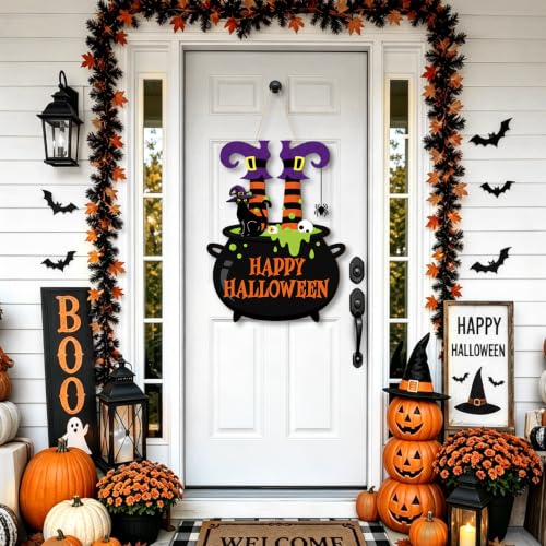 Large Black Halloween Wooden Door Wreath - Happy Halloween Sign for Front Door & Wall Decor