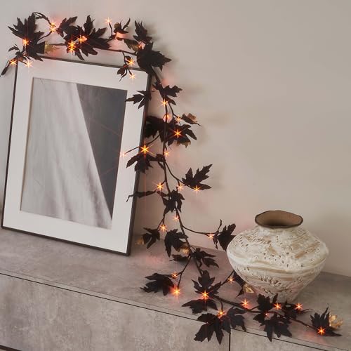 Halloween Black Maple Garland with Lights - 48 LED Orange & Warm White Fairy Lights, Timer, Indoor & Outdoor Decorations - Black Maple Leaves