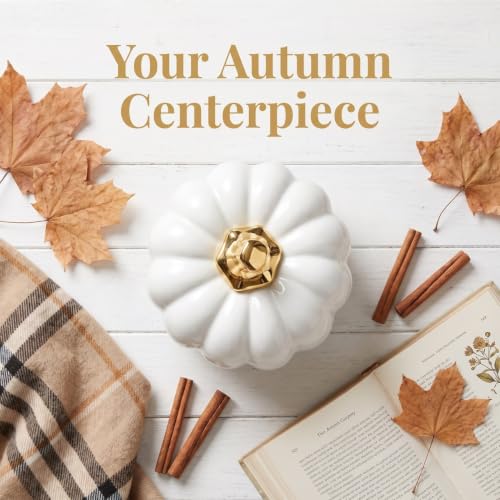 White Ceramic Pumpkin Decor - Halloween Table Ornament for Home & Holiday