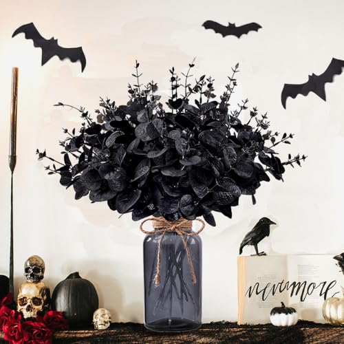 Black Eucalyptus Stems with Glass Vase - Halloween Table Decor, Variation: Black With Vase