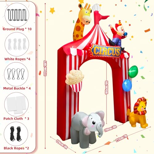 10FT Circus Party Inflatable Arch Outdoor Decoration with LED Lights - Red & White Tent Design, Animal Motifs, Easy Setup